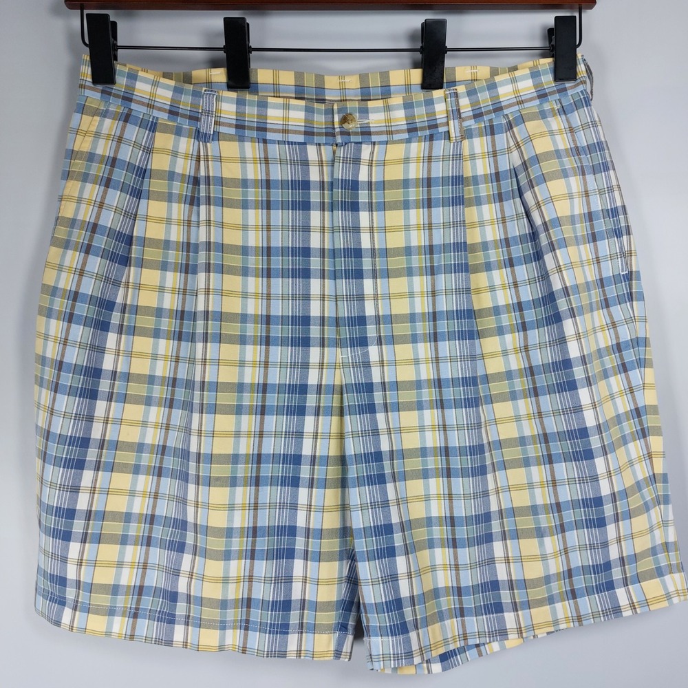 Roundtree & Yorke Gold Label Pleated Shorts Men Size 38 Blue Yellow Plaid Cotton